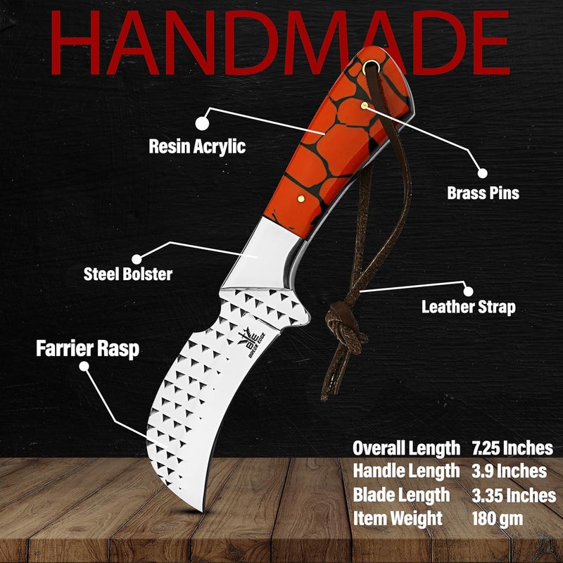 BE BREAK EDGE Farrier Rasp Steel Hawkbill Knife, Fixed Blade Full Tang, Leather Sheath, Wire Skinning Utility Knife for Lineman - Image 2